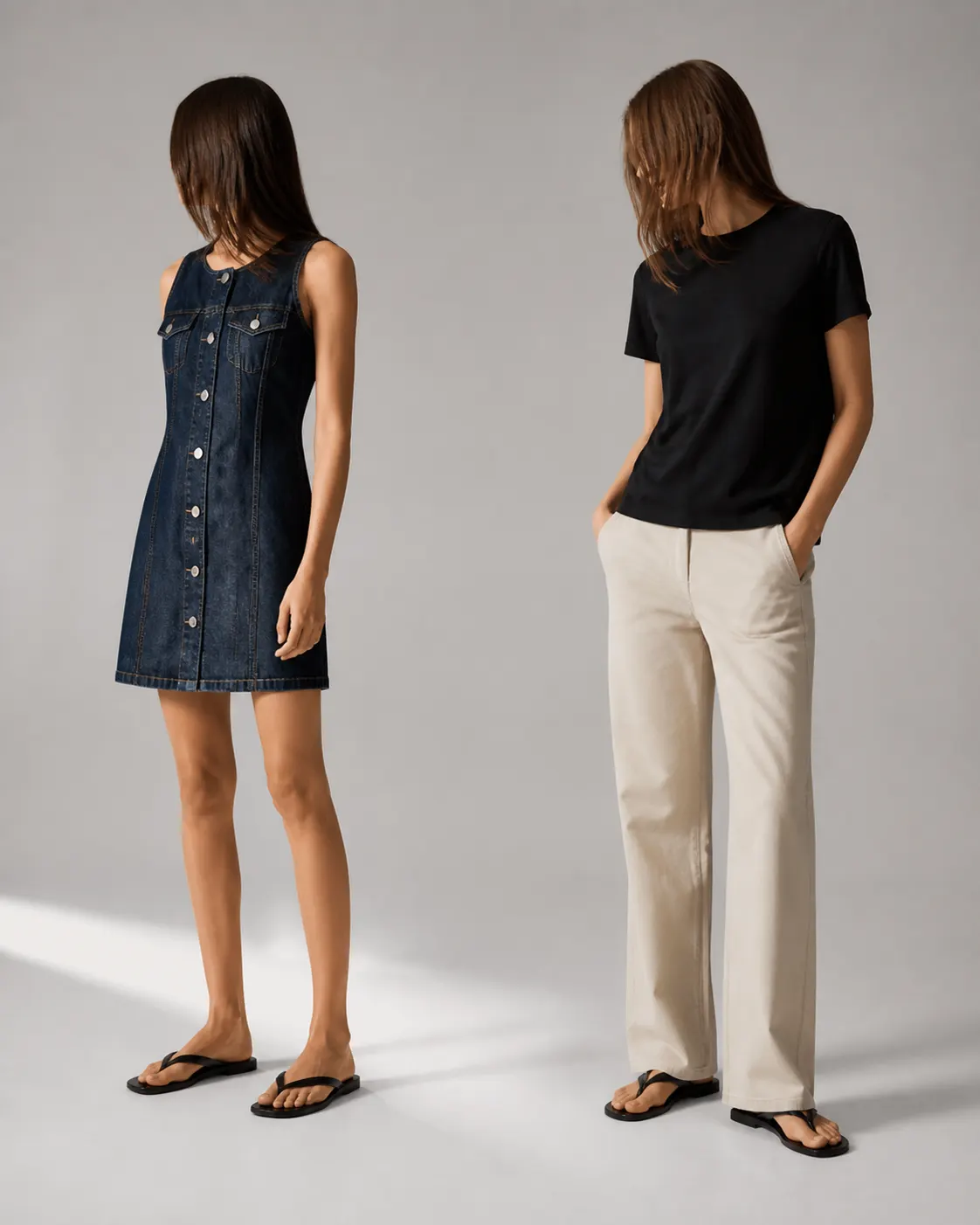 Koyu mavi kolsuz denim mini elbise ve siyah kısa kollu tişörtle özgün editoryal moda düzeni