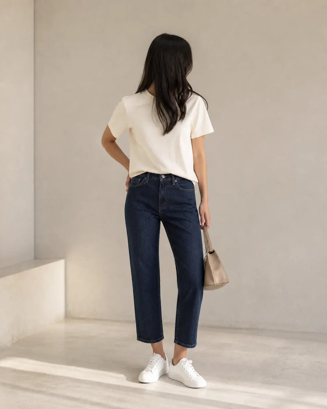 Krem tişört ve koyu mavi crop denim pantolonla hazırlanmış özgün editoryal kombin
