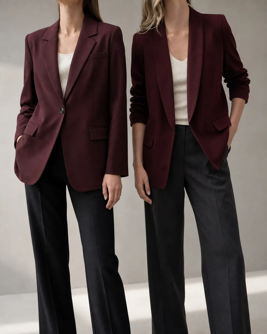 Bordo uzun kollu düğmeli blazer ile bordo şal yakalı üç çeyrek kollu blazer karşılaştırması