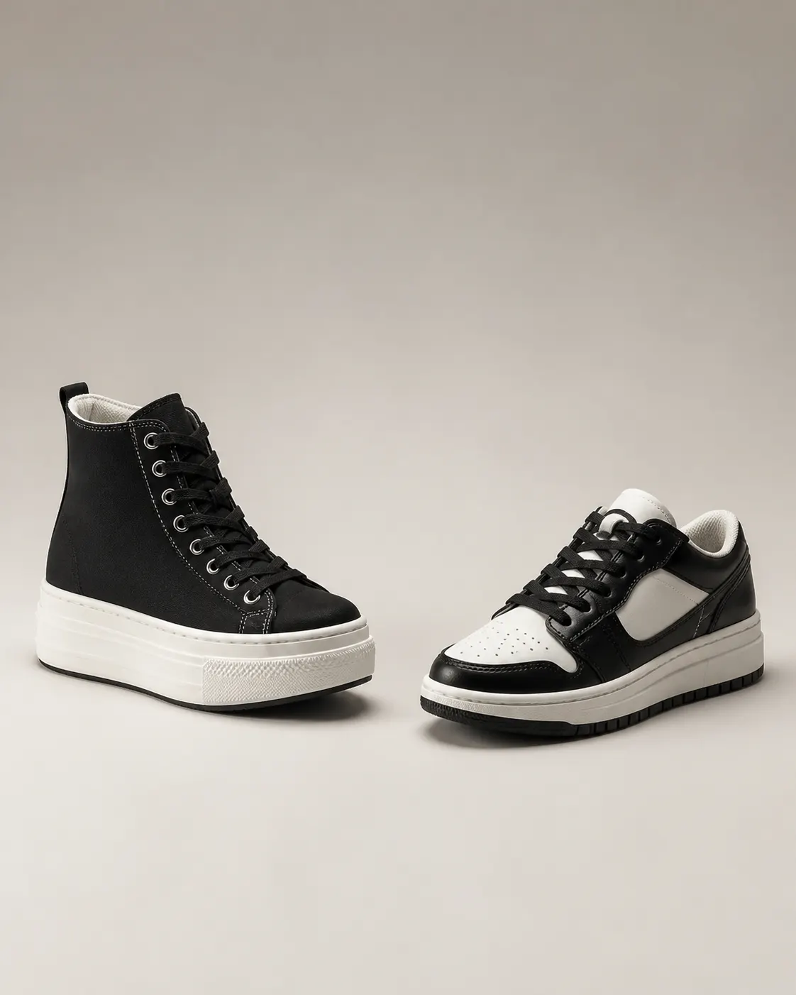 Beyaz stüdyo zemininde iki farklı siyah kadın sneaker silüeti