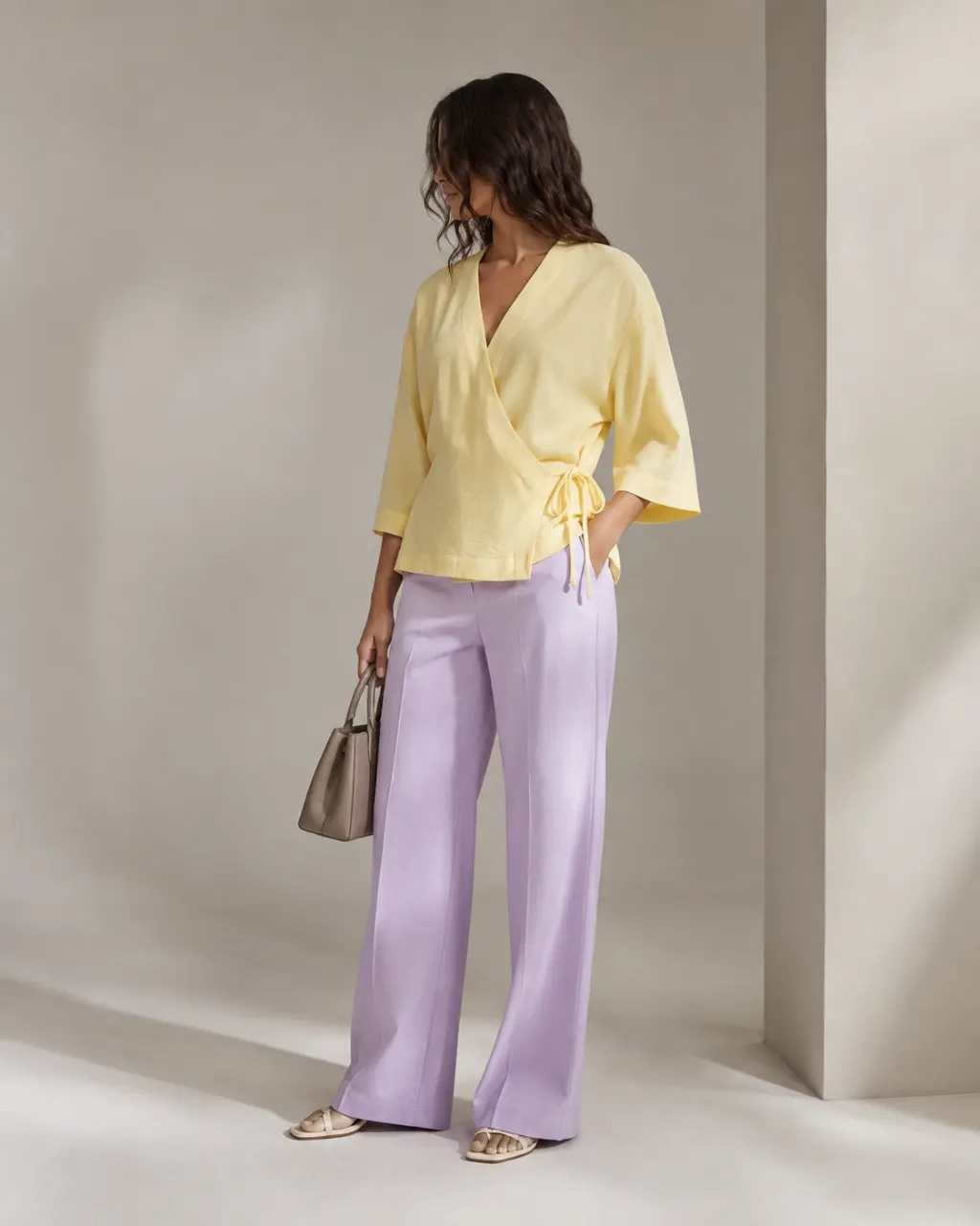 Sarı kruvaze kimono ve lila geniş paça pantolonla özgün kadın kombini