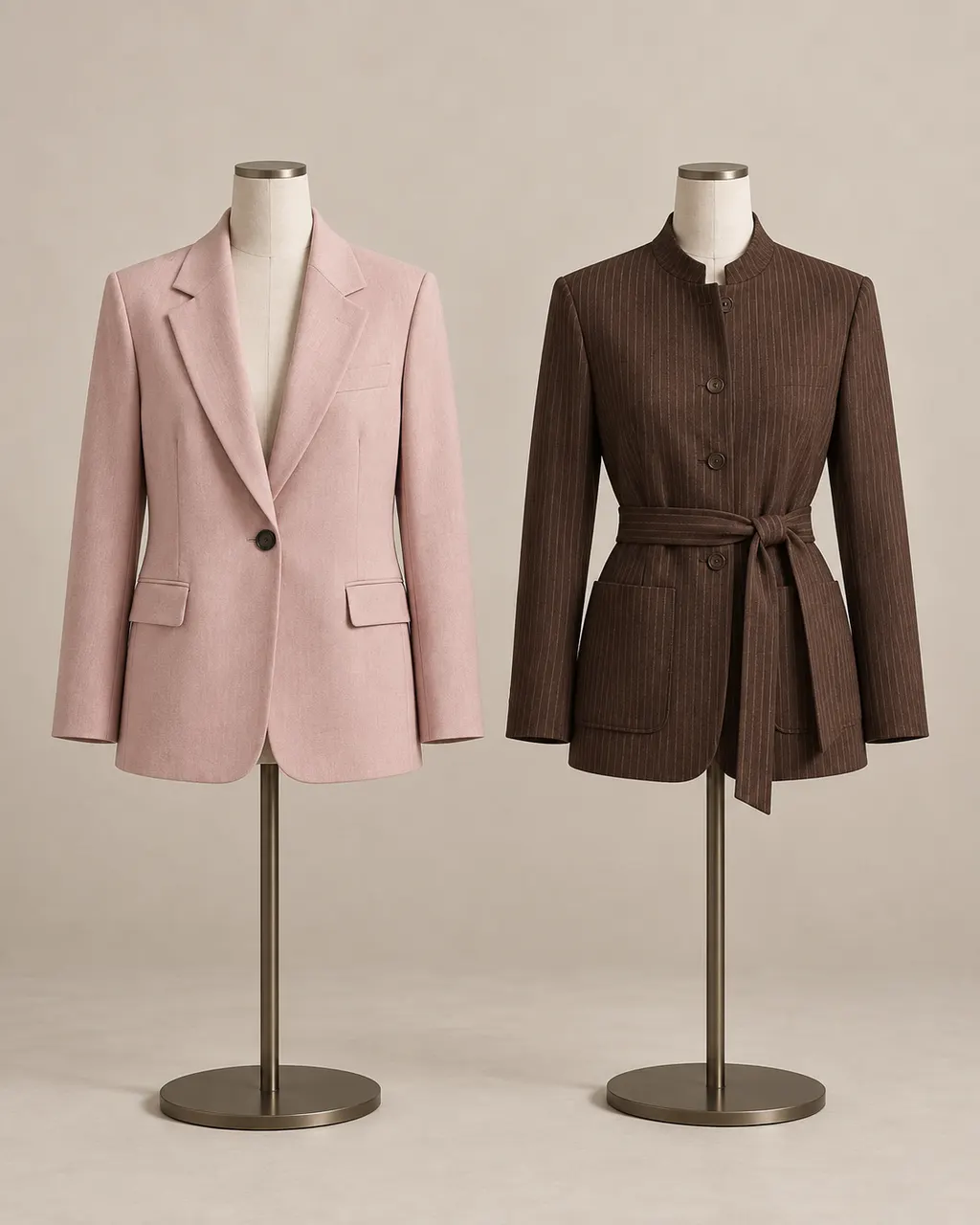 Pembe geniş yakalı blazer ile kahverengi çizgili kemerli blazer karşılaştırması