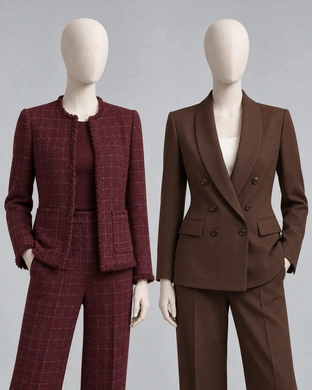 Bordo tüvit ve kahve kruvaze blazerlerden esinlenen özgün moda illüstrasyonu