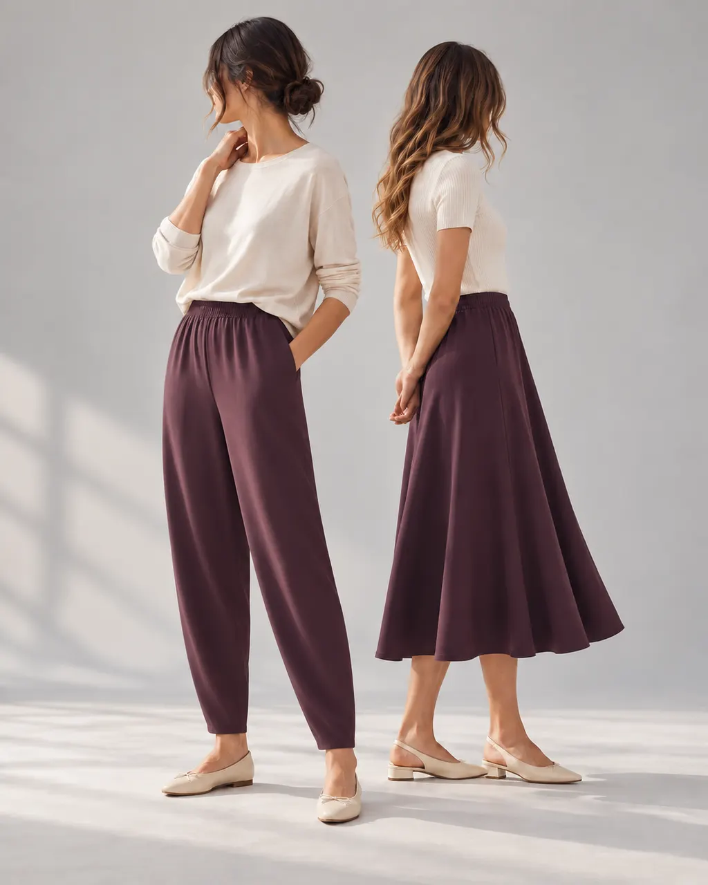 Açık mürdüm jogger pantolon ile midi eteğin özgün editoryal karşılaştırması